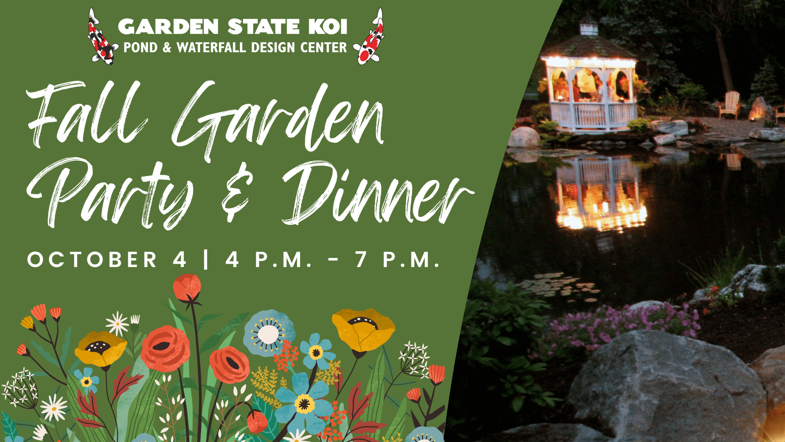 Photo of a recreational swim pond with the text Garden State Koi Fall Garden Party & Dinner October 4 - 4pm to 7pm